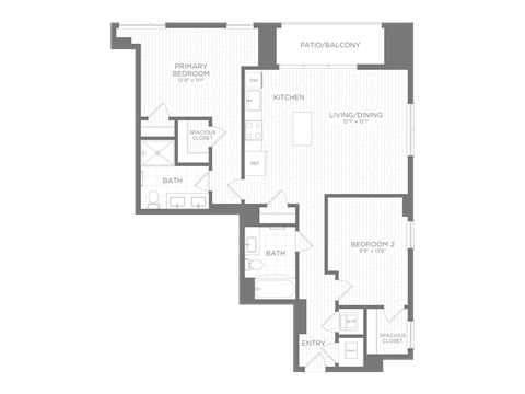 Floor plan for 2 beds, 2 baths, 876 sqft